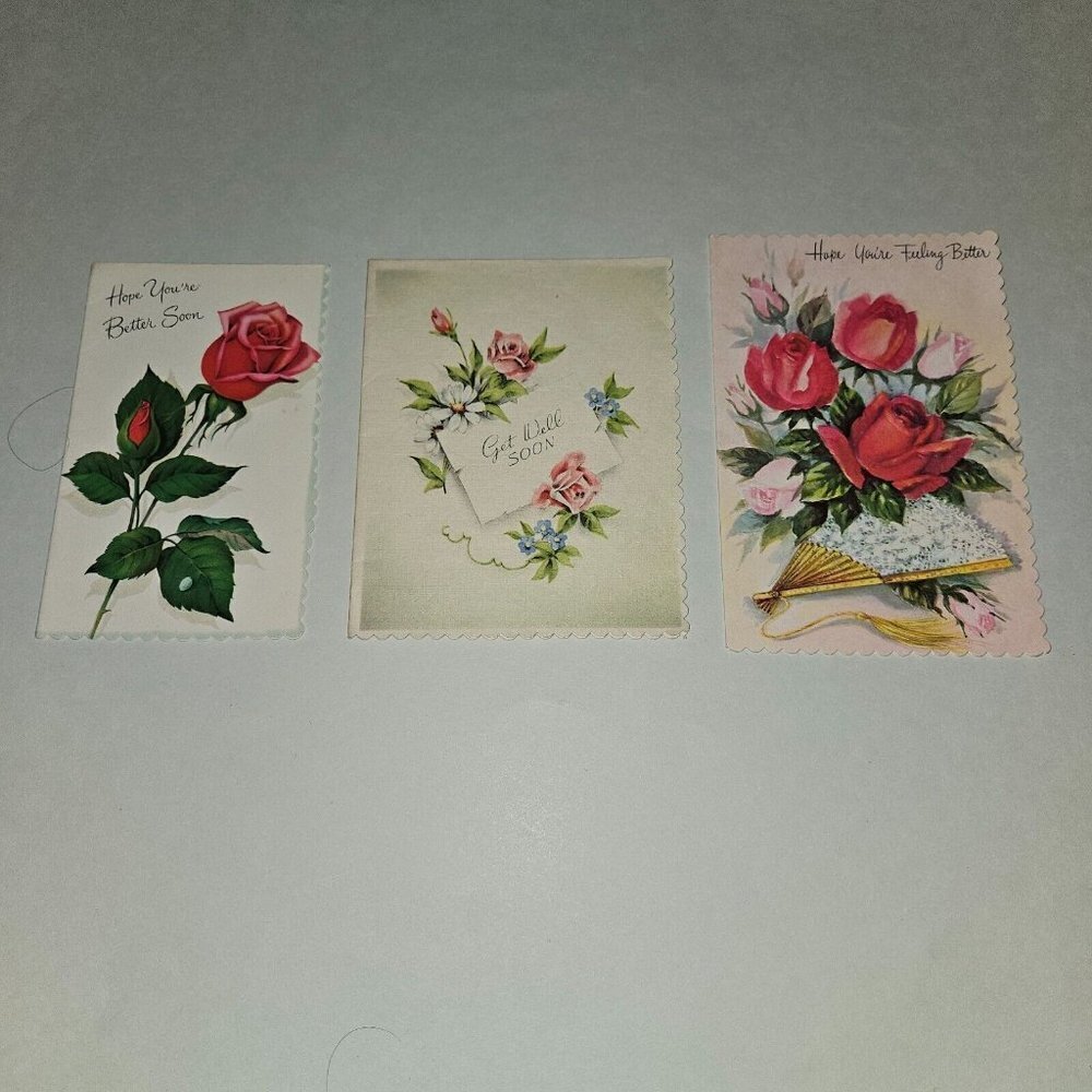 3 VTG Get Well Greeting Cards Lot Roses Flowers Feel Better Soon NEVER USED